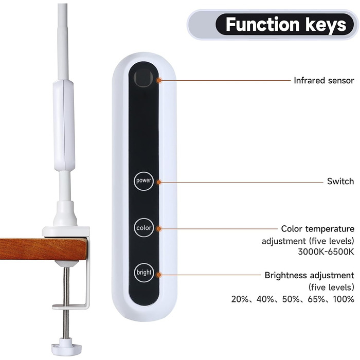 Світлодіодна настільна лампа, затискна, 5 кольорів і яскравості, 360 гусяча шия, сенсорне та дистанційне керування, білий