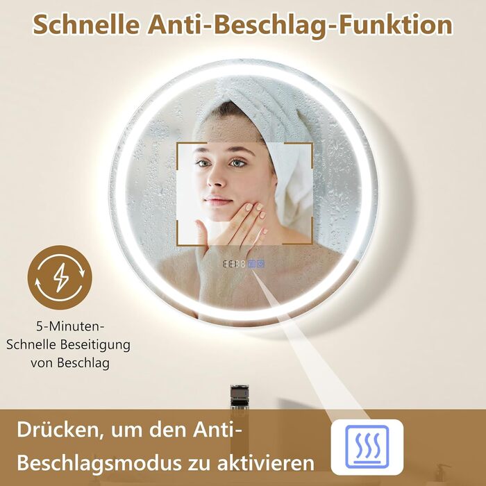 LED дзеркало для ванної кімнати Relax4Life з підсвічуванням, сенсорним вимикачем, протитуманним покриттям, регулюванням яскравості, 3 кольорами світла, індикатором часу та температури (60 x 60 см)