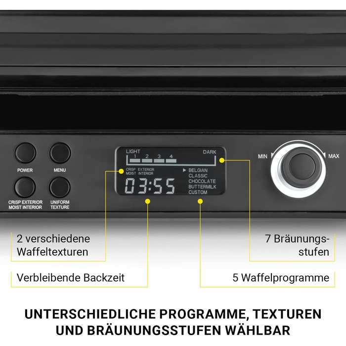 Преміальна вафельниця для бельгійських вафель Потужна потужність 1 600 Вт, подвійні нагрівальні елементи, 5 програм і 7 рівнів засмаги РК-дисплей, таймер, надглибокі нагрівальні пластини для особливо повітряних вафель, 8WERK