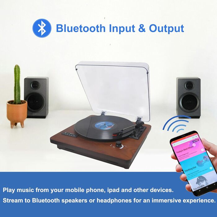 Вініловий програвач із Bluetooth, динаміками, FM-радіо, USB/SD, 33/45/78 об/хв, RCA/AUX, горіх
