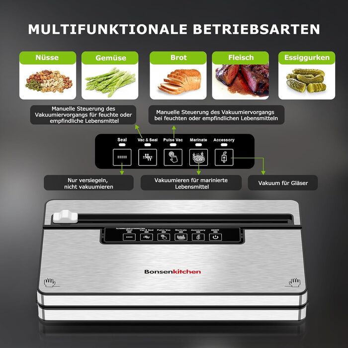 Вакууматор Bonsenkitchen для продуктів, потужний вакуумний пакувальник з 5 режимами, 8 л/хв, сріблястий (комплект: 5 пакетів та 1 рулон)