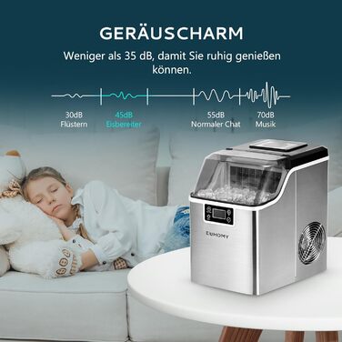 Машина для приготування льоду EUHOMY з нержавіючої сталі, 24 кубики за 13 хвилин, 24 кг/24 год, самоочисна, 3.2 л, з лопаткою та кошиком для дому/кухні/офісу/бару/RV, срібна