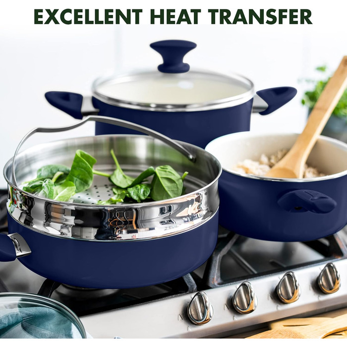 Набір посуду GreenPan Rio 16 предметів, антипригарне покриття з кераміки, без PFOA та PFAS, для здорового приготування, легко миється, сумісний з посудомийною машиною, синій