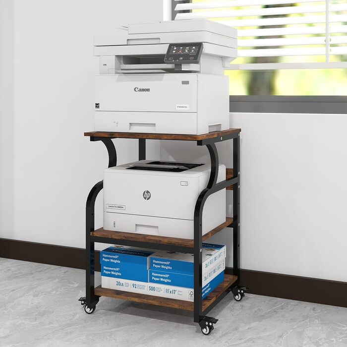 Регульований стіл для принтера PUNCIA з 3 ящиками та колесами. Мобільний візок для принтера з дерева та металу (60 x 50 см, Retro)