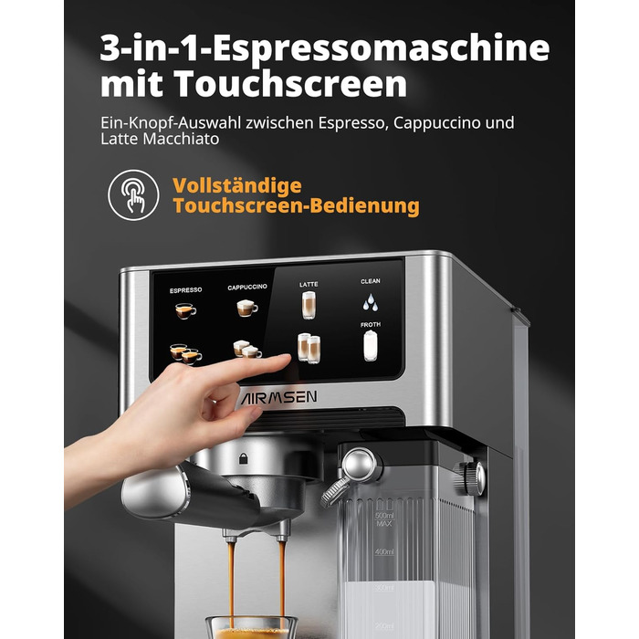 Еспресо-машина Siebträger з подвійним бойлером, 20 Bar, автоматичний спінювач молока, для капучино та лате, нержавіюча сталь, 1.8L бак, сенсорний екран