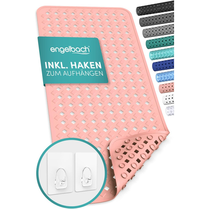 Протиковзкий килимок для ванни Engelbach 88x40 см, рожевий, BPA-free, з 2 гачками, для ванної, протигрибковий, машинне прання