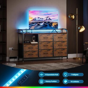 Комод ODK з висувними ящиками та LED-підсвіткою, 10 кольорів, 2 USB та 2 розетки, 8 тканинних ящиків, для вітальні/спальні, 110x30x88 см, вінтажний стиль