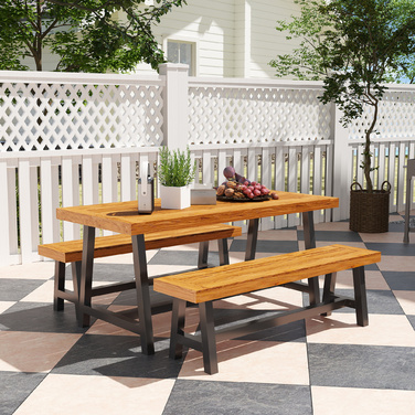 Outsunny Seating Group Дерев'яний обідній набір з 3 предметів на 4 особи в планці Обідній стіл з 2 лавками Обідній гарнітур з дерев'яним столом Набір кухонних столів Балконні меблі Садові меблі для тераси, балкон Тик