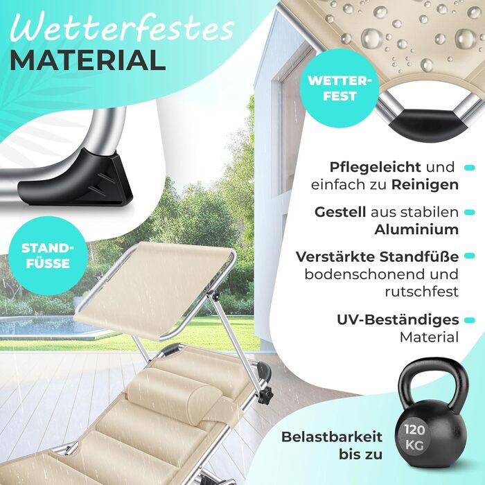 Кесер® Розкішна сонцезахисна лежанка Sun з дахом для саду, розкладний лежак, регульована спинка, ергономічний м'який матеріал, алюмінієвий каркас, портативна, для відпочинку, бежевий колір