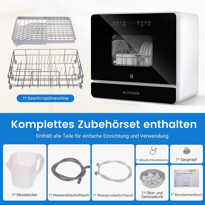 Міні посудомийна машина BLITZHOME з сенсорним керуванням, 9 програм, портативна для кемпінгу, 5.2L, з/без підключення до води, сушка, відкладений старт