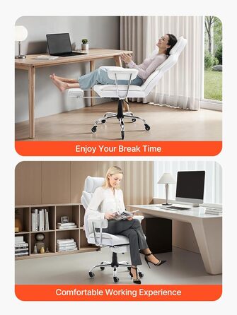 Крісло офісне VEVOR з PU шкірою, біле, для начальника з підніжкою, регульоване по висоті, до 181,43 кг, 860 x 610 мм, поворотне