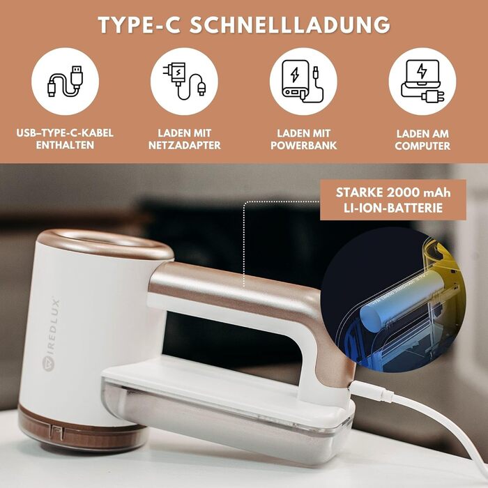 Електричний видальник ворсу WiredLux - бездротовий пристрій для одягу та меблів. 3 швидкості, 6-лезове лезо, LED-дисплей, USB-зарядка (білий, слонова кістка, золото)