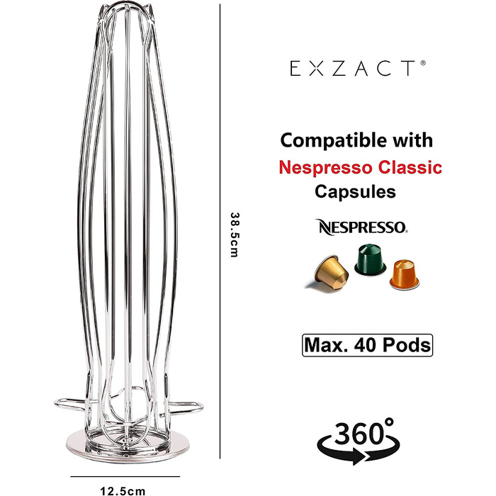 Тримач для кавових капсул EXZACT 40 шт обертається на 360° сріблястий