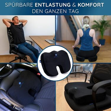 Ортопедична подушка для сидіння SIMPUREA® 'Коала' - з антиковзким велюровим покриттям - ідеальна для офісу, авто та дому - сприяє здоровій поставі та комфорту, знімає навантаження з куприка - середній розмір (60-120 кг) Чорний