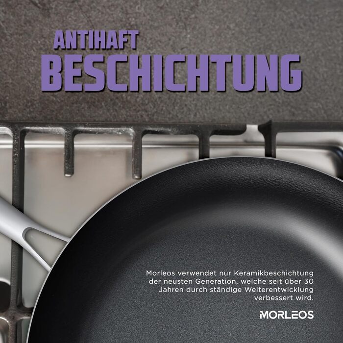 Сковорода Morleos з керамічним покриттям Ø 32 см, без PFAS та PTFE | Сковорода з антипригарним покриттям, стійка до подряпин, 5-шарова, 3 мм, 1,67 кг | Преміум-сковорода для індукційних плит | Антипригарна, для духовки та посудомийної машини Ø 32 см (32 с