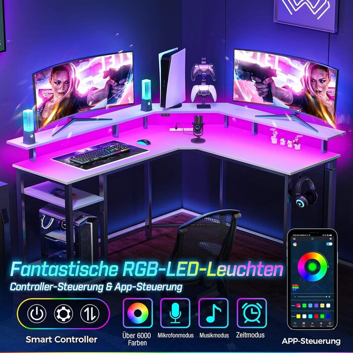 Кутовий стіл Rolanstar з LED-підсвічуванням та розетками, 135 см, для комп'ютера з підставкою для монітора та полицею. Реверсивний кутовий стіл з 2 гачками, ідеальний для робочого кабінету, спальні, офісу (134,5 x 134,5 x 86,2 см, білий)