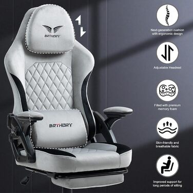 Ігровий крісло BRTHORY Ergonomic Racing з регульованою підголівником, підлокітниками та підніжкою, з тканиною, пружинним сидінням, функцією гойдання, 135°, сірий