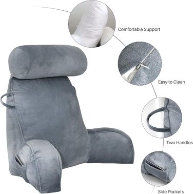 Подушка для читання в ліжку GKXLH з оксамиту для дорослих, підспинник з підтримкою рук та кишенюю, знімний чохол, сіра