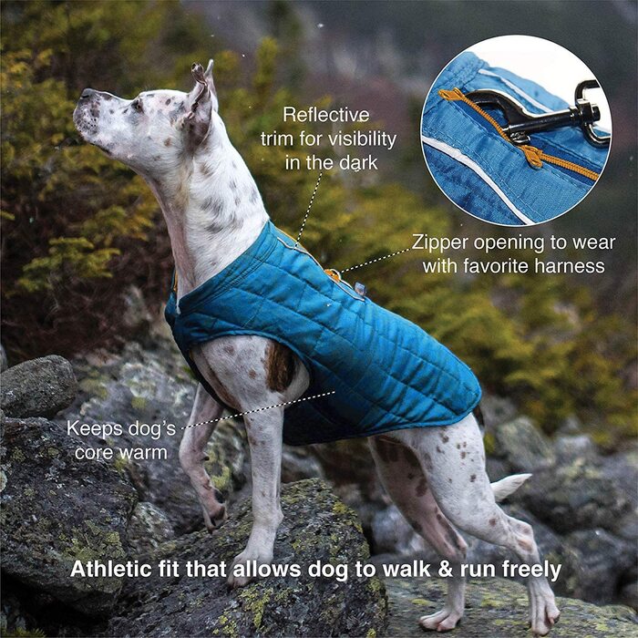 Куртка для собак Kurgo Loft, що поєднується з собачою упряжкою, водонепроникна і світловідбиваюча, ідеально підходить для зими, розмір м Синій / Помаранчевий