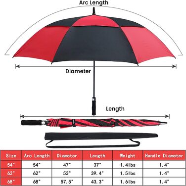 Парасолька NINEMAX Велика штормостійка, парасолька для гольфу автоматична, парасолька L / XL / XXL для чоловіків Жінки, подвійний навіс вентильований (червоний / чорний2, 62 дюйма / 157 см)
