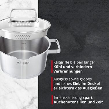 Каструля Meisterkoch з нержавіючої сталі 16 см Ø | з виливом, внутрішньою шкалою та ізольованою ручкою | 1 скляна кришка з дрібним та великим ситом | Кухонне приладдя, нержавіюча сталь, індукційне дно (20 см)