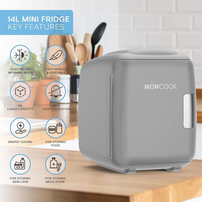 MINI-холодильник MONCOOK для спальні - Компактний, портативний та тихий міні-холодильник для догляду за шкірою. Функція охолодження та підігріву. Ідеально для дому, офісу, авто або подорожей. Білий (14L)