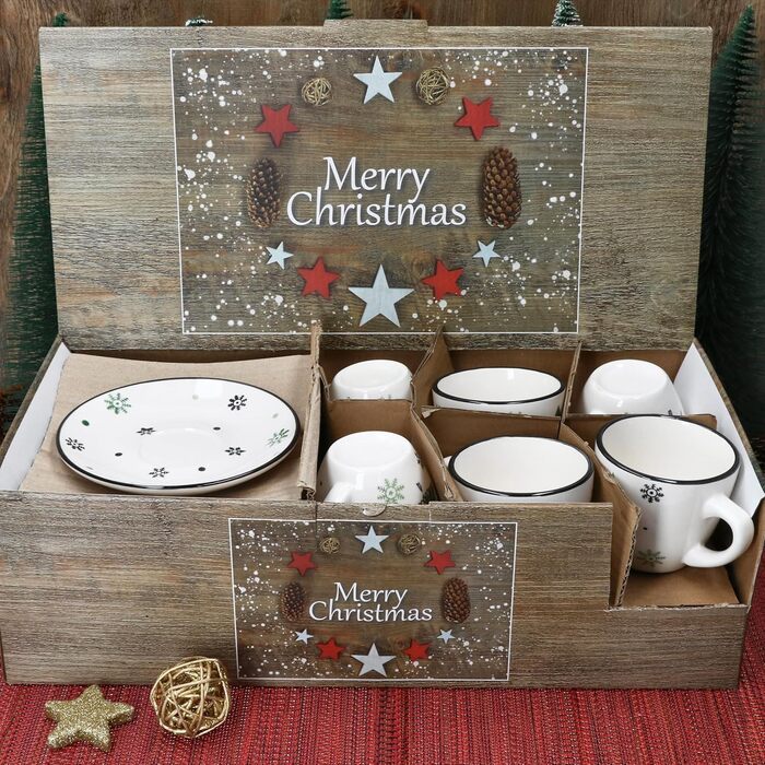 Кавовий сервіз MamboCat на 6 осіб з різдвяним декором (18 предметів) | Керамічний сервіз з прикрасами ялинки та сніжинок