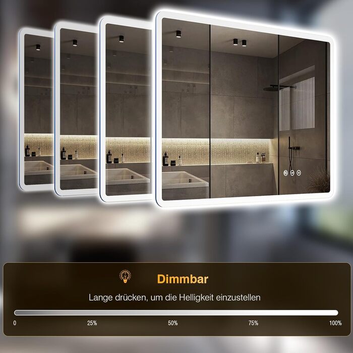 LED дзеркало для ванної кімнати 80x60 см з підсвічуванням, диммування, антизапар, 3 кольори світла, IP44, функція пам'яті, горизонтальне/вертикальне кріплення