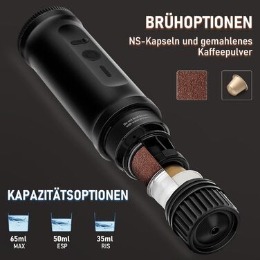 Портативна кавомашина ICARE з акумулятором, 2-в-1 для капсул NS та меленої кави, самонагріваюча, USB-C, індикатор заряду, для кемпінгу, подорожей та в дорогу (Чорний)