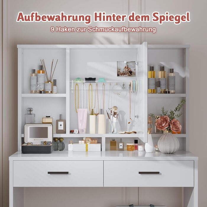 Трюмо JUMMICO з LED-підсвічуванням, дзеркалом та гачками для прикрас, 2 шухляди, 4 відкриті полиці, білий колір