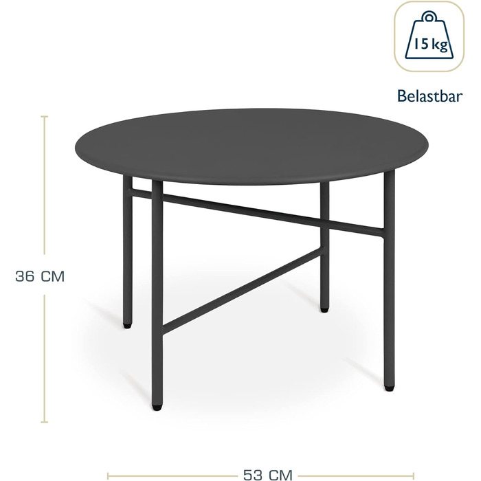 Круглий журнальний стіл Металевий чорний Ø 53 см Стільниця стійка до подряпин стійка вітальня Журнальний столик Світло Садовий стіл у приміщенні та на відкритому повітрі Балкон Стіл Тераса Приліжкова тумбочка Ліжко Спальня Фінн Стільниця Ø 53 см - Висота 