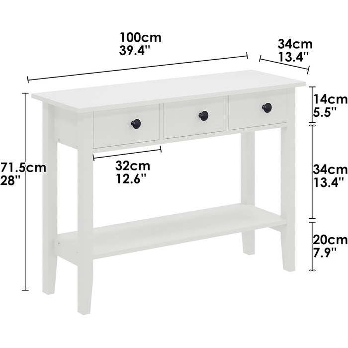 Консольний столик SogesHome білий з 3 ящиками і полицею, 100 см