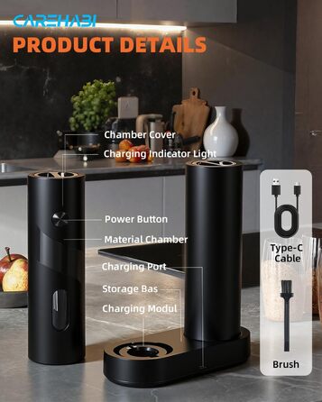 Електричний набір для солі та перцю з зарядною станцією, об'єм 110 мл, перезаряджувана млинка для солі з 5 рівнями, керамічна млинка з щіткою, 2 шт., чорний