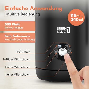Електричний піноутворювач для молока LEBENLANG - 4 режими, 240 мл, без BPA, з насадкою для збивання