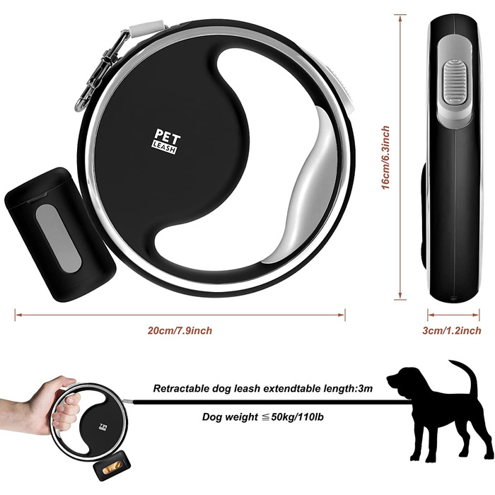 Висувний повідець AZXIVIZ для собак з нековзною ручкою і світлодіодним підсвічуванням, 3 м, нейлоновий, телескопічний, для великих, без заплутування на 360 градусів, у формі пончика (чорний)