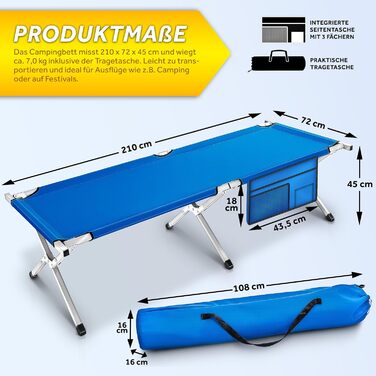 Кемпінгове ліжко Похідне ліжко 210 x 72 x 45 см Металева труба - Вантажопідйомність до 150 кг - в різних кольорах (Синій) 210 x 72 x 45 см Синій