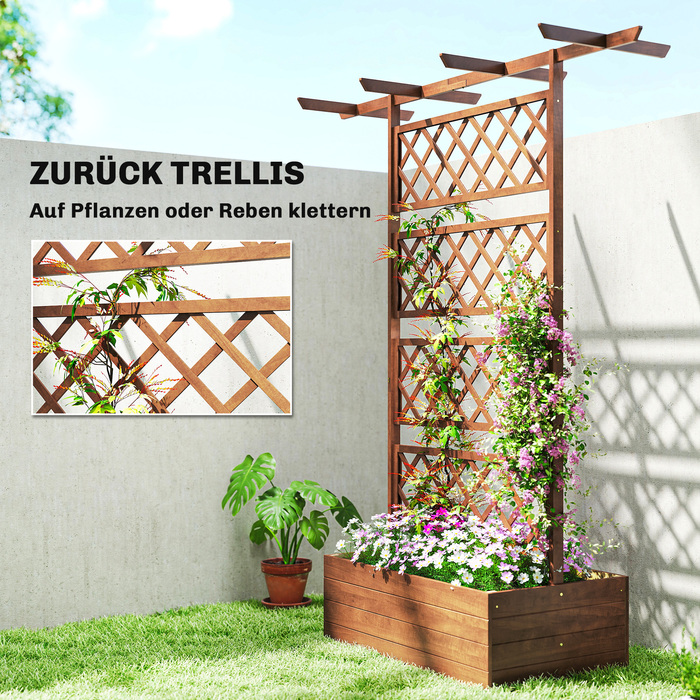 Дерев'яний ящик для квітів з опорою для ліан, кутовий, з підставкою для підтримки рослин та дашком.