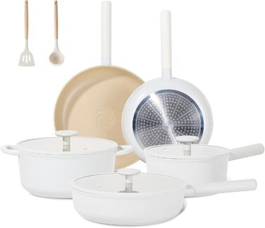 Набір посуду JEETEE 17 предметів з антипригарним покриттям Ceramic, знімні ручки. Каструлі 16/20/24 см, сковороди 24/28 см, глибока сковорода 28 см. Підходить для всіх типів плит, духовка, 17 предметів, бежевий