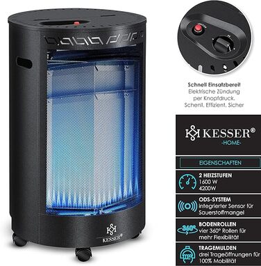 Газовий обігрівач KESSER 4200 Вт, керамічний інфрачервоний, з редуктором і шлангом, для бутану/пропану, з чохлом, чорний(Газовий балон не входить у комплект)