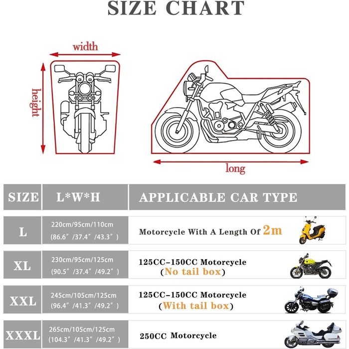 Ергокар мотоцикл чохол брезент гараж для мотоциклів відкритий і закритий водонепроникний чохол для мотоцикла 300D потовщений поліефірний УФ-чохол, XXL (96,4 'x 41,3 x 49,2'), XXL (96,4 x 41,3 x 49,2') (Чорний, XL (90,5 'x 37,4 x 49,2')