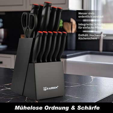 Набір кухонних ножів Katisun 16 шт. з підставкою, японська сталь, з заточувачем, дощечкою та ножицями. Кухонний набір для нарізання, шинкування та різання, стійкий до миття в посудомийній машині, титанове покриття