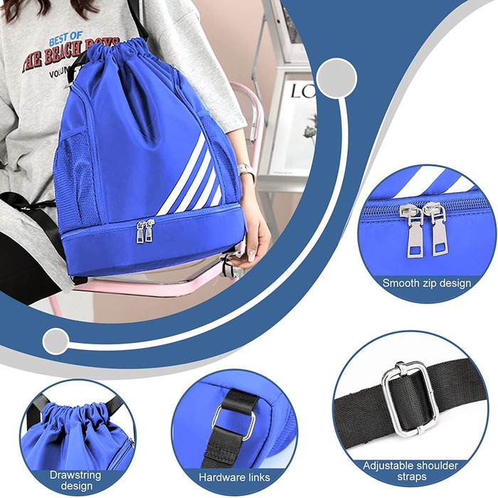 Спортивна сумка Tokeya на шнурку для чоловіків і жінок, водонепроникний рюкзак з відділенням для взуття, футбольна сумка для подорожей, йоги, плавання, фітнесу, баскетболу (синій)
