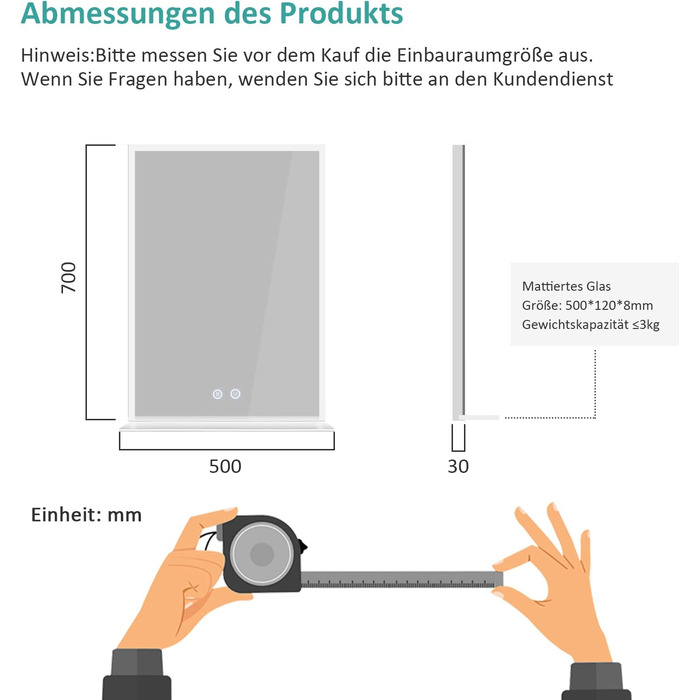 Дзеркало для ванної кімнати EMKE з підсвічуванням 80x60 см, з полицею, антизапар, регульоване холодне біле світло 6500K, сенсорне управління, функція пам'яті