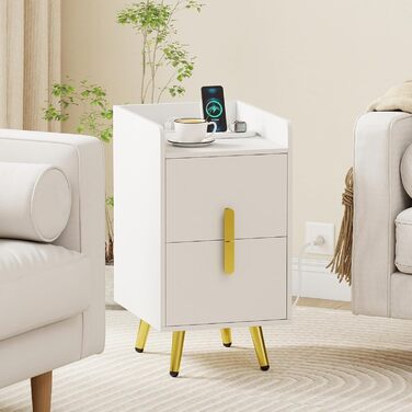 Нічний столик COSTWAY з зарядкою, вузький приліжний столик з 2 шухлядами, металеві ніжки, для спальні, вітальні, 32x40x60 см (Білий)