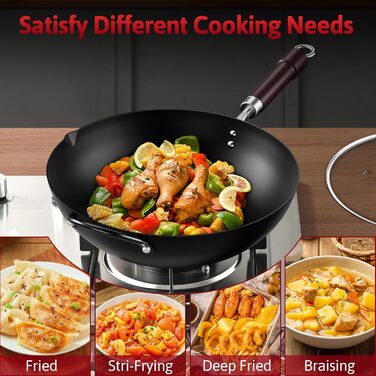 Вок Jobin 32 см з вуглецевої сталі з кришкою, дерев'яним та сталевим ручками, для приготування азійських страв (3-5 осіб), сумісний з Induktion, електро та газовими плитами - Чорний