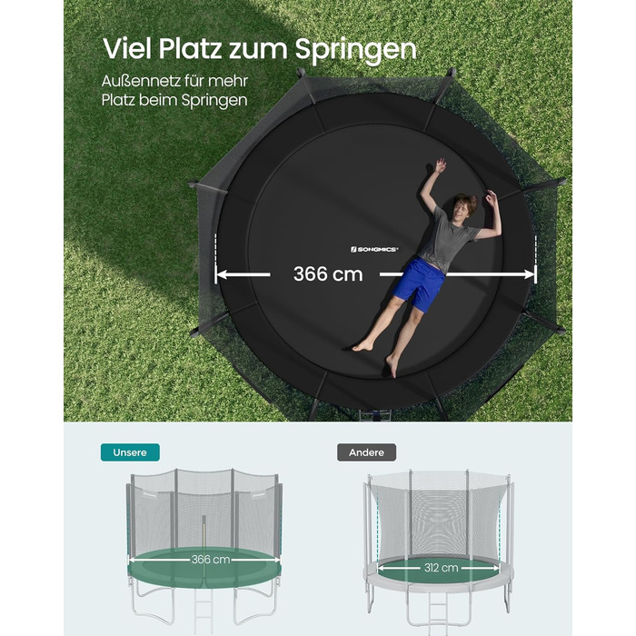 Батут SONGMICS вуличний Ø366 см з захисною сіткою, драбиною та м'якими стійками, чорний