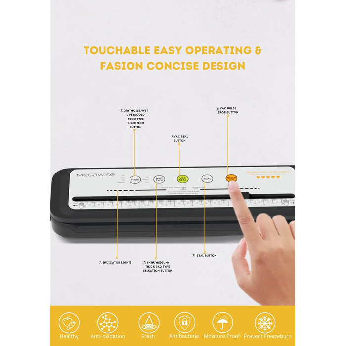 Вакууматор MegaWise — потужний компактний вакуумний пакувальник для продуктів з автоматичним режимом One-Touch, сріблястий
