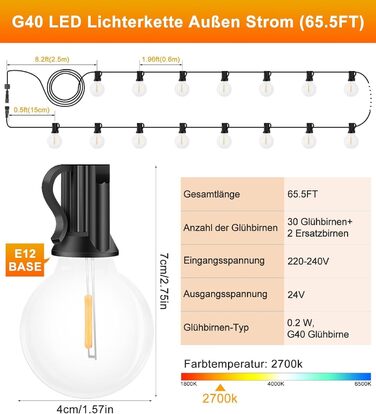 Світлодіодний зовнішній струнний світильник 20 м, 32 лампочки G40, стійкі до погодних умов для саду, балкона, кемпінгу, прикраси вечірки