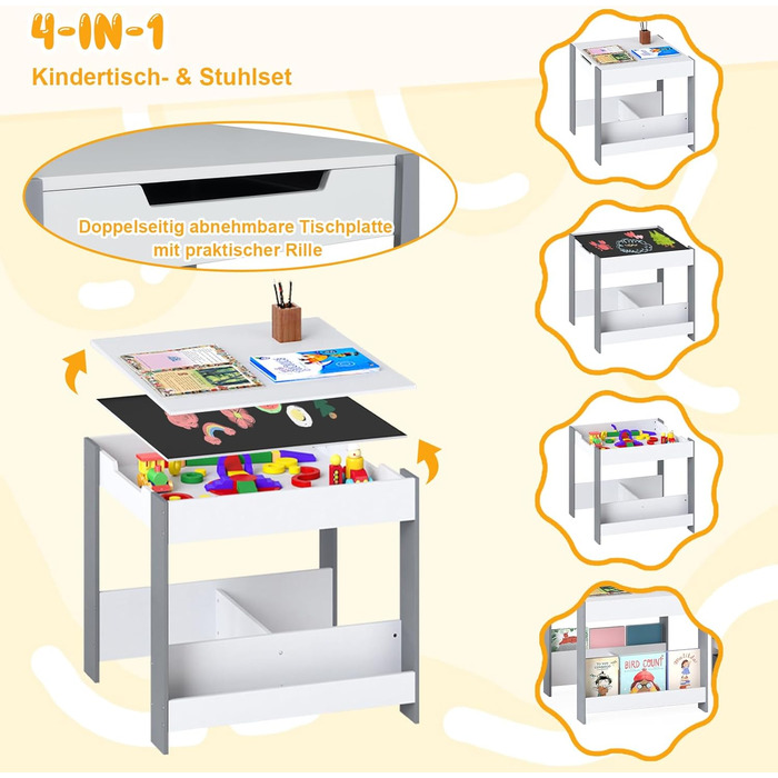 Дитячий стіл COSTWAY з 2 стільцями: дерев'яний набір 4-в-1 з полицями та ящиками для зберігання (від 3 років)