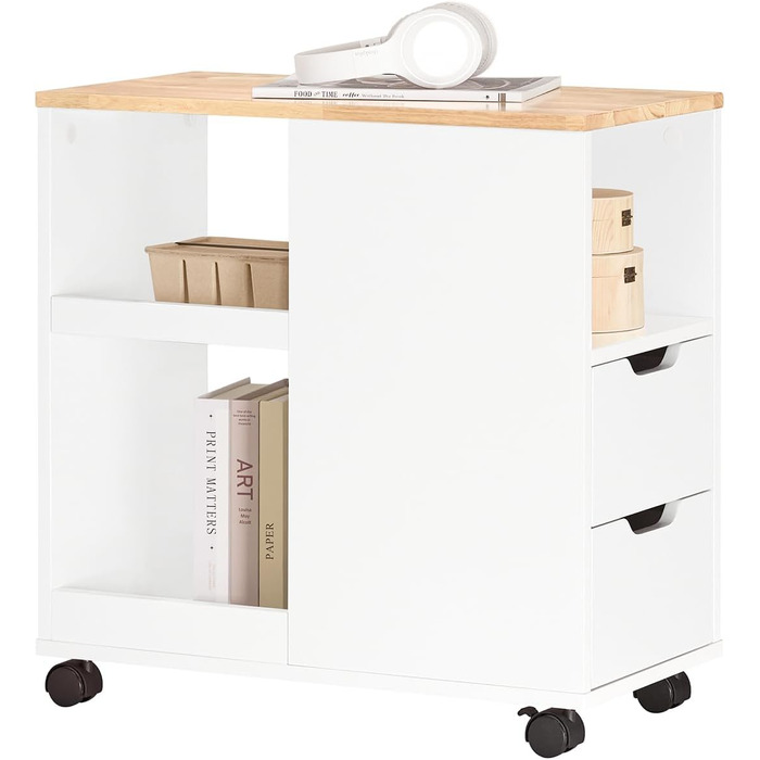 Столик для принтера SoBuy на колесах, з полицями, білий та натуральний колір, 30x60x60 см (FBT130-WN)